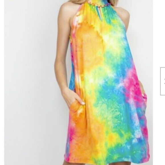 Small Dress by Perfect Peach Smocked Halter Neck Tie Dye Turquoise Blue Hot Pink - Picture 5 of 5